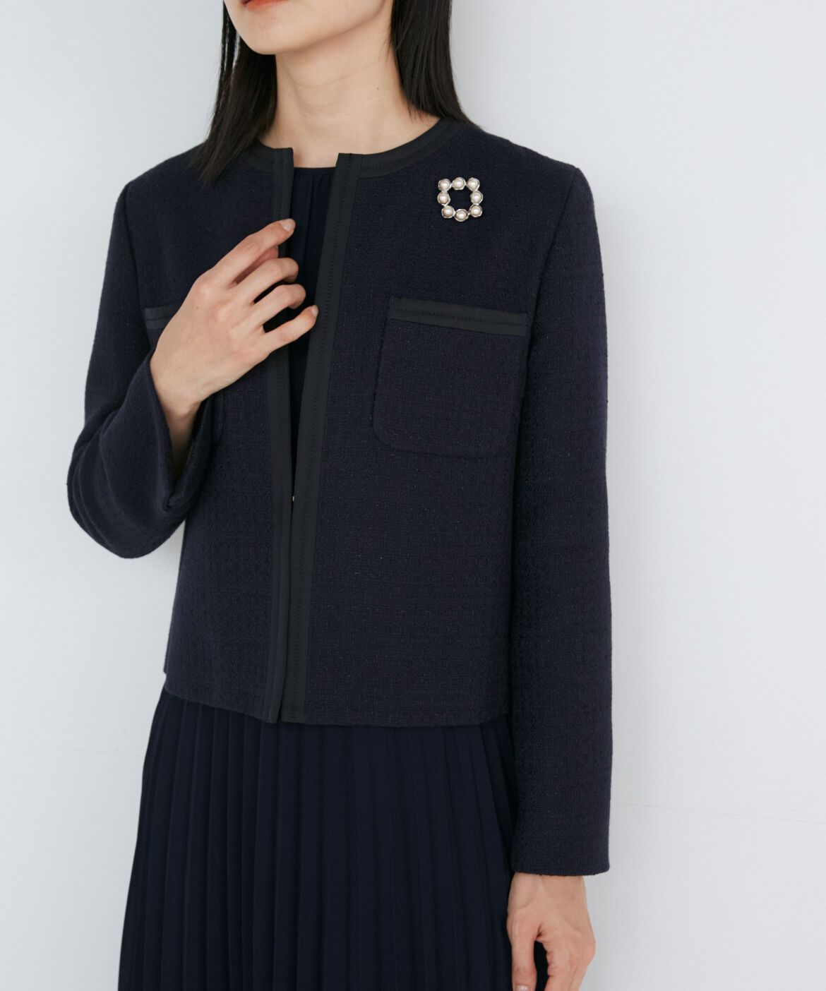 INED「《大きいサイズ》ノーカラーツイードジャケット」|ノーカラージャケット|