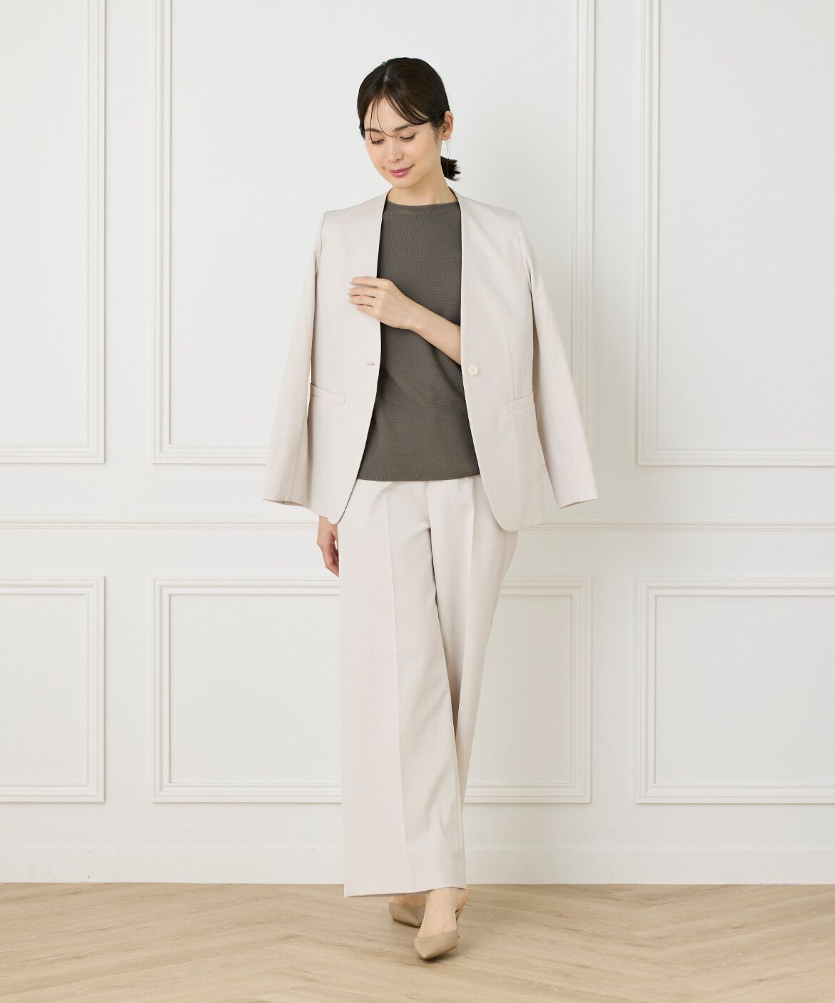 INED「《大きいサイズ》綿麻ノーカラージャケット」|ノーカラージャケット|