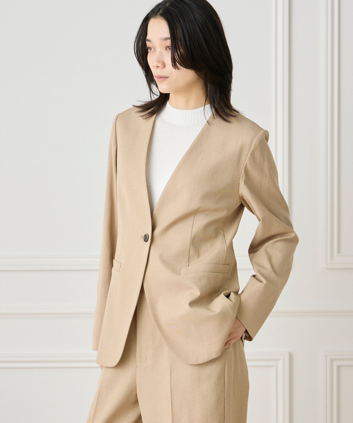 INED「《大きいサイズ》綿麻ノーカラージャケット」|ノーカラージャケット|