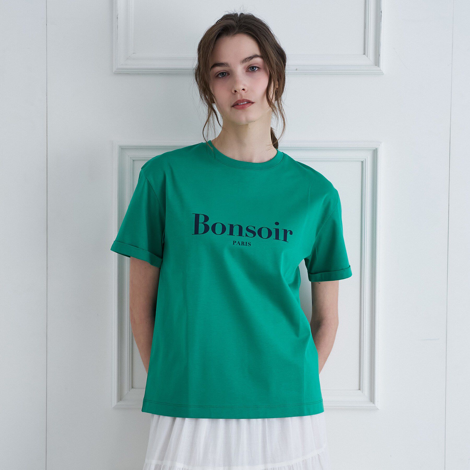 DRESSTERIOR「【接触冷感／抗菌防臭／消臭】アイスクリアコットン Bonsoir ロゴTシャツ」|Tシャツ・カットソー|