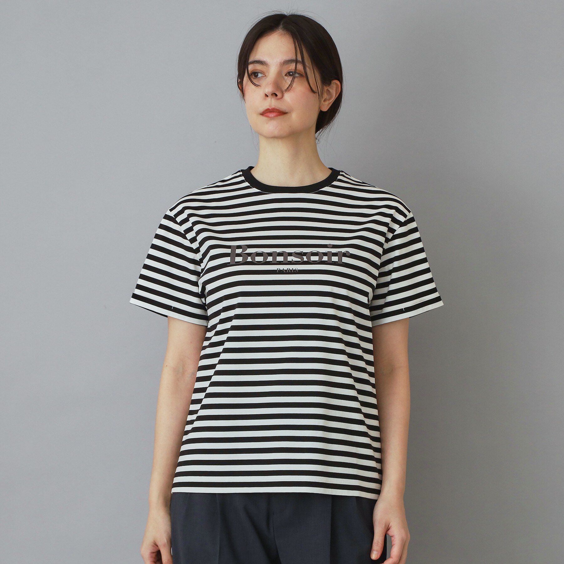 DRESSTERIOR「【接触冷感／抗菌防臭／消臭】アイスクリアコットンBonsoirロゴボーダーTシャツ」|Tシャツ・カットソー|