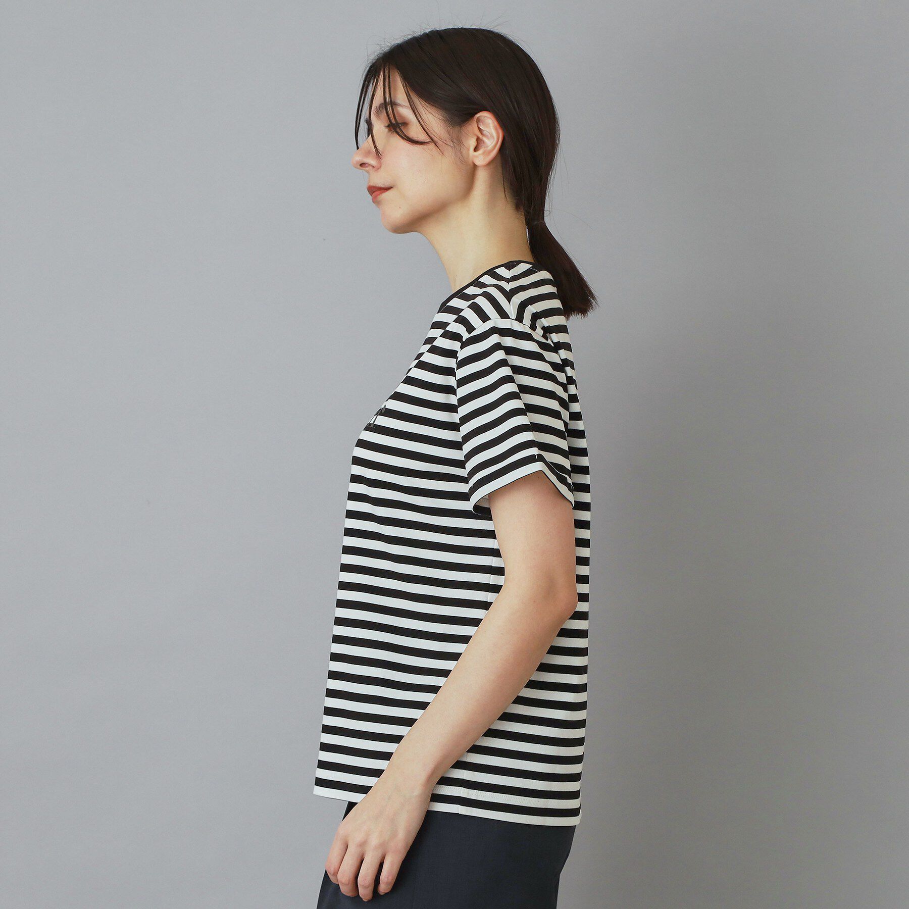 DRESSTERIOR「【接触冷感／抗菌防臭／消臭】アイスクリアコットンBonsoirロゴボーダーTシャツ」|Tシャツ・カットソー|