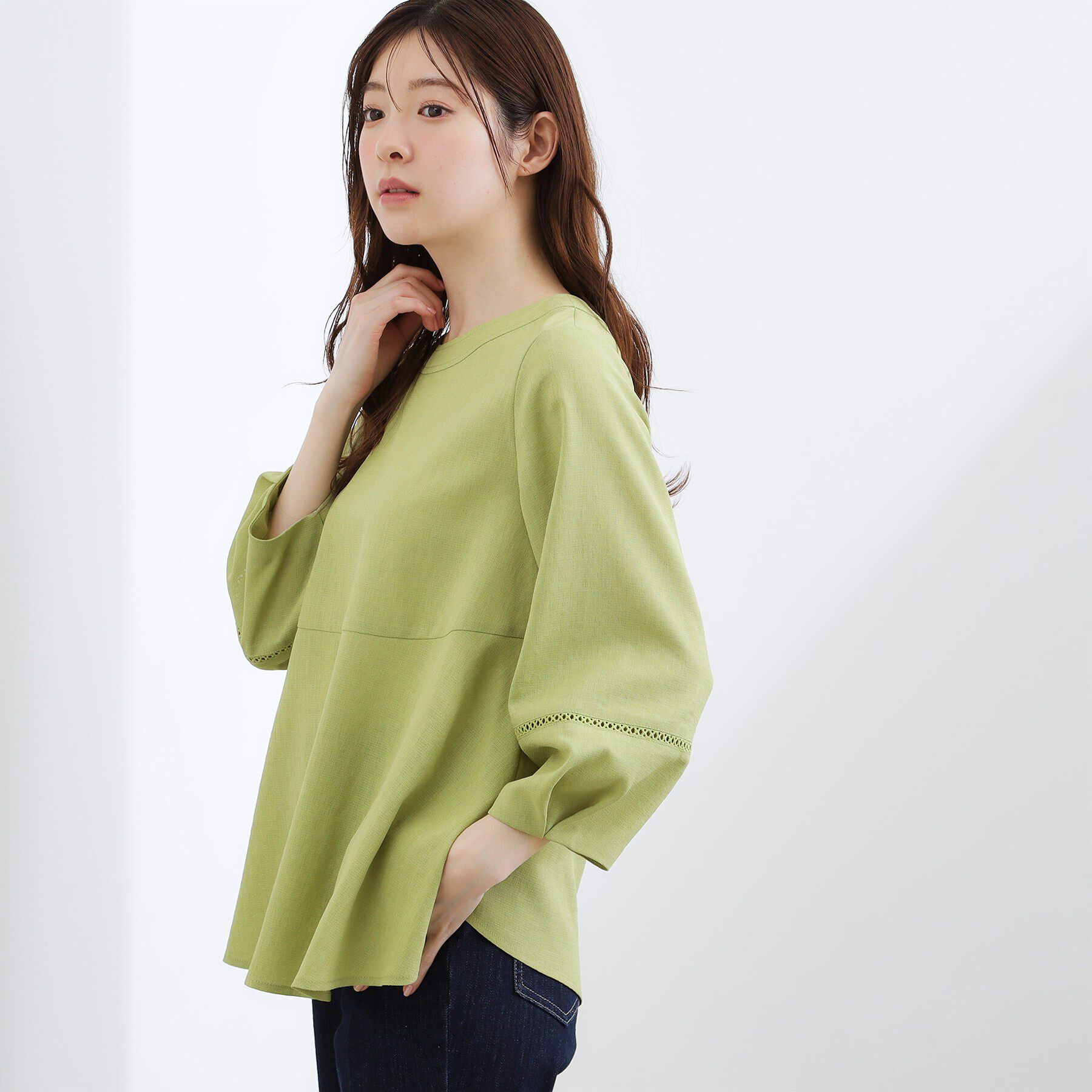 grove「【体型カバーも叶う】麻調メッシュランタンスリーブブラウス」|シャツ・ブラウス|ピスタチオ(021)