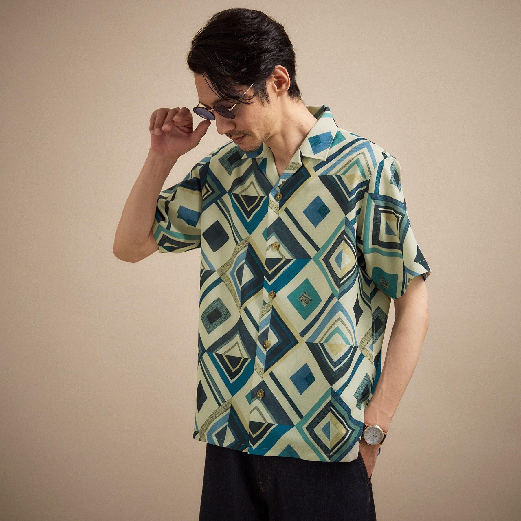 TAKEO KIKUCHI「【吸汗速乾】タイル柄プリント 半袖シャツ」|シャツ・ブラウス|ブルー(193)