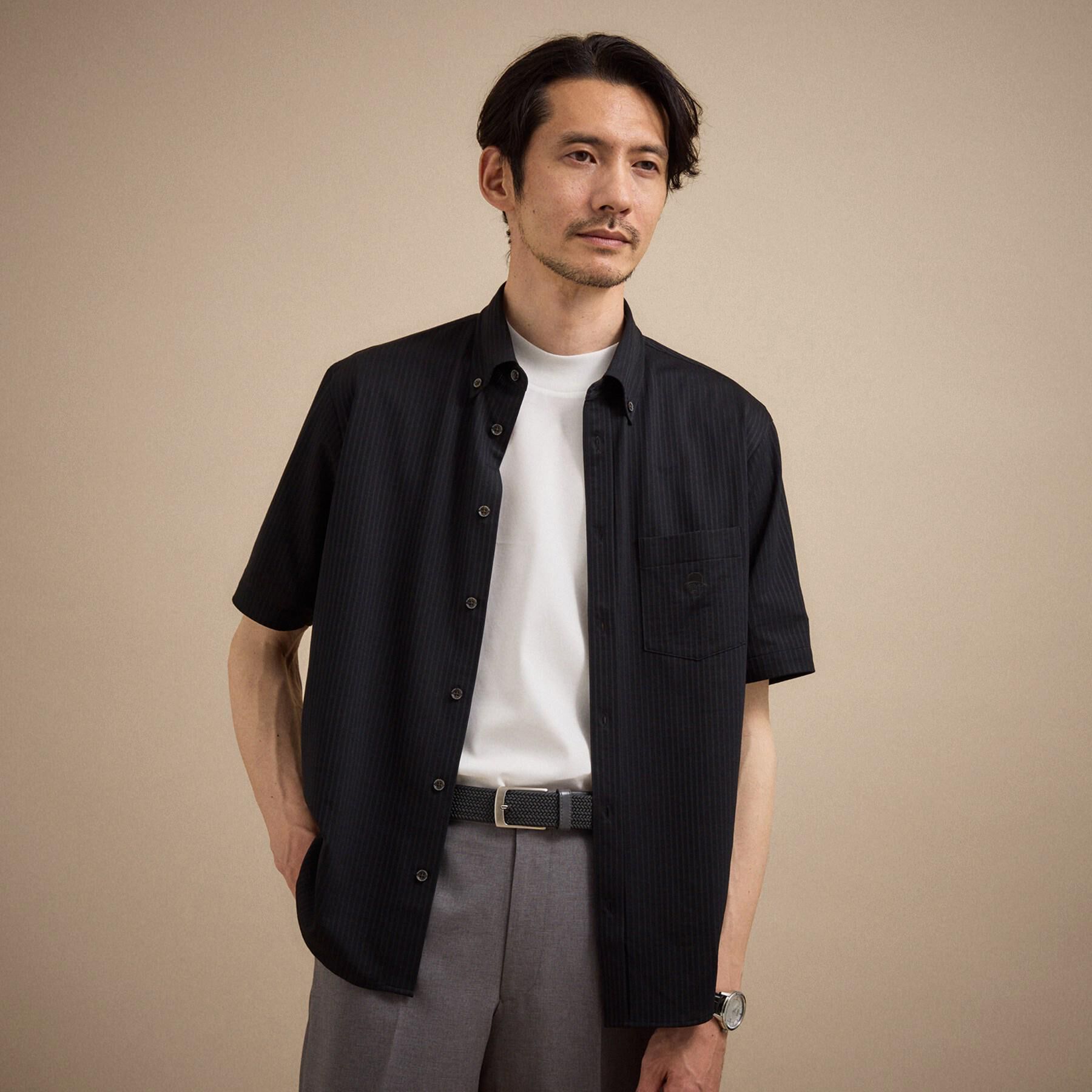 TAKEO KIKUCHI「【接触冷感】 ジャージストライプ シャツ」|シャツ・ブラウス|ブラック(319)
