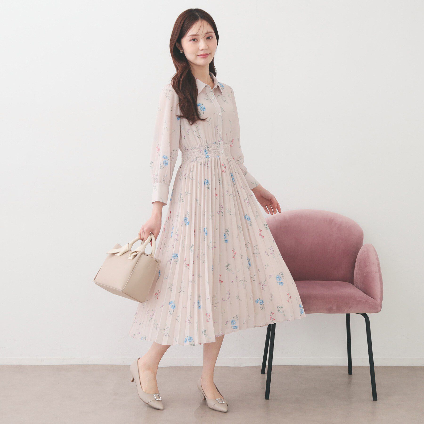 index「衿付き花柄プリーツフレアワンピース【洗濯機OK/イージーアイロン】」|ワンピース|