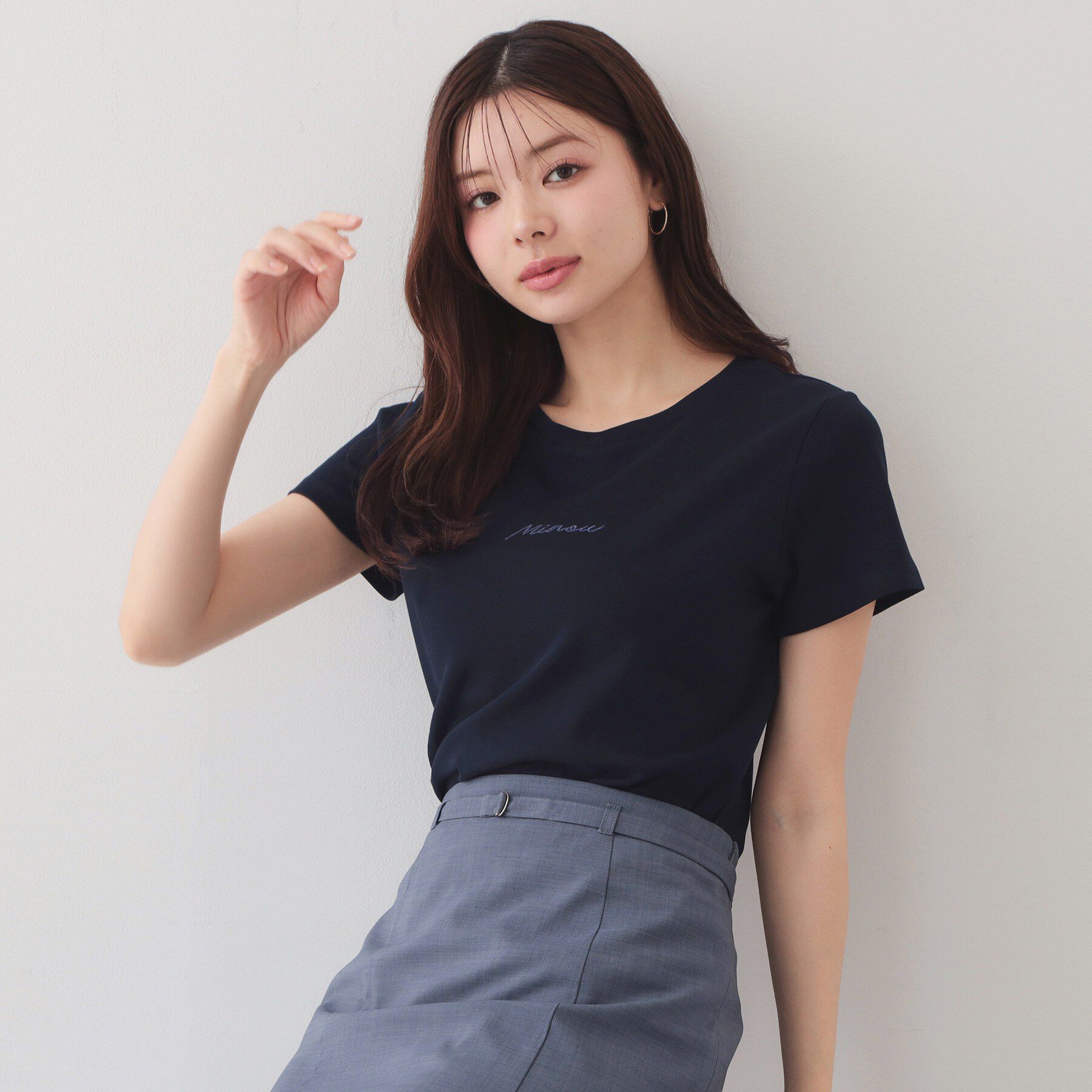 index「フロントロゴ刺繍Tシャツ【洗濯機OK・接触冷感・UVケア】」|Tシャツ・カットソー|ネイビー(094)