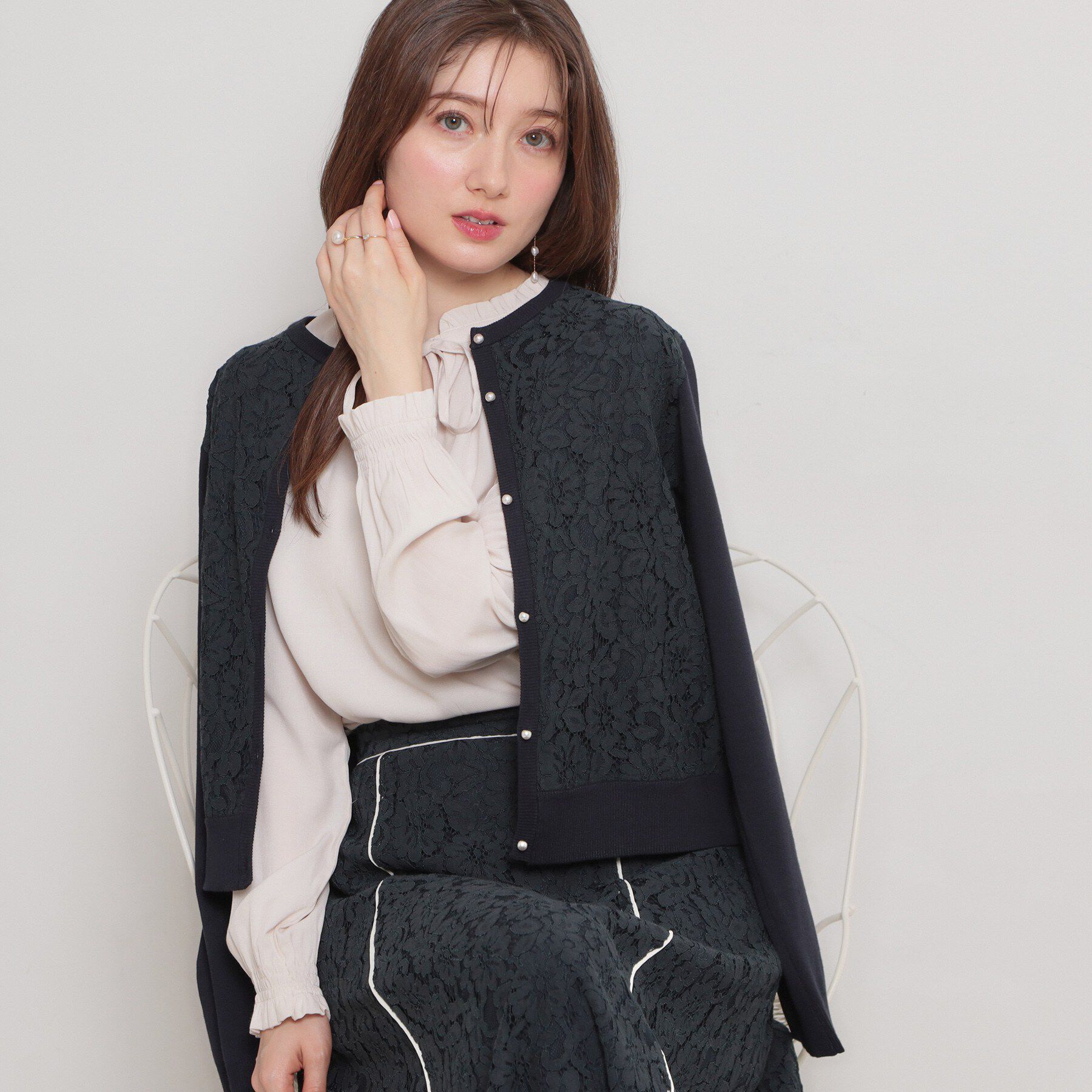 Couture broach「【洗える】コードレース カーディガン」|カーディガン|