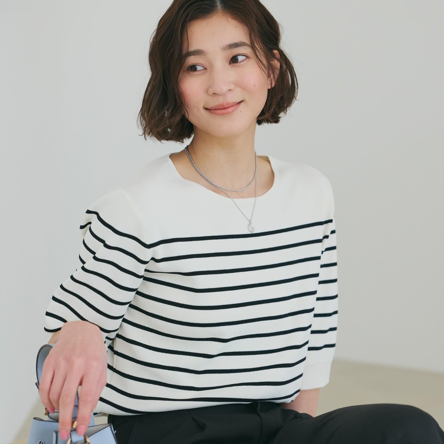 THE SHOP TK「【S-XL/ひんやりタッチ】美しさ際立つ 6分袖ニット 洗濯機OK/UVケア/毛玉になりにくい」|ニット・セーター|