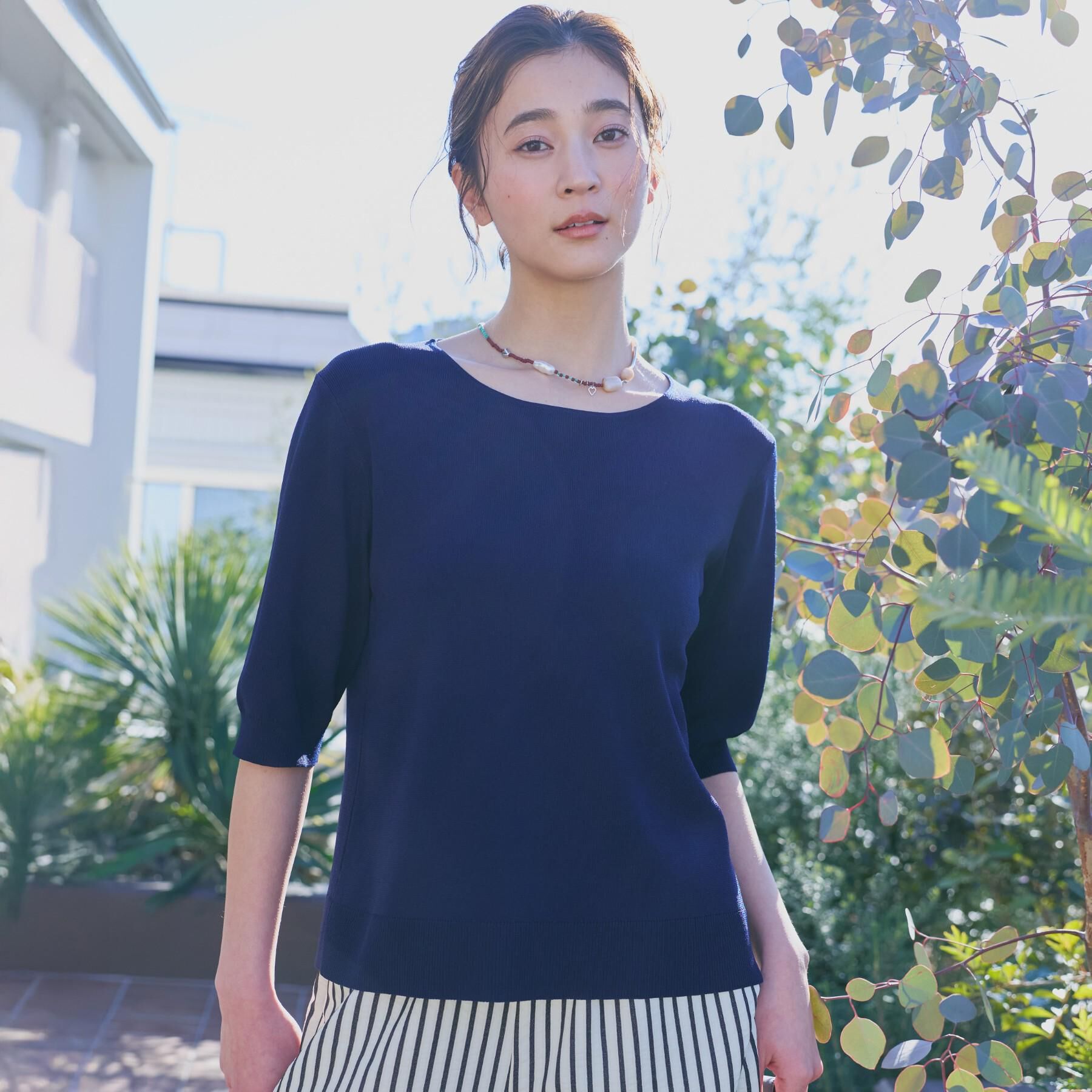 THE SHOP TK「【S-XL/ひんやりタッチ】美しさ際立つ 6分袖ニット 洗濯機OK/UVケア/毛玉になりにくい」|ニット・セーター|