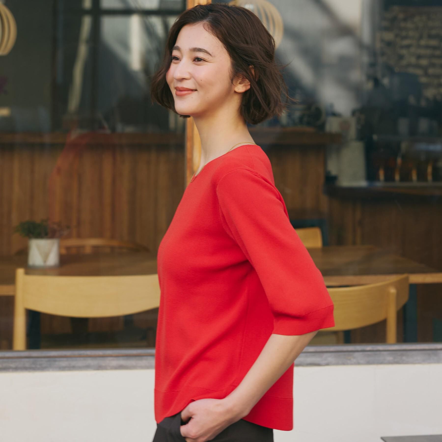 THE SHOP TK「【S-XL/ひんやりタッチ】美しさ際立つ 6分袖ニット 洗濯機OK/UVケア/毛玉になりにくい」|ニット・セーター|