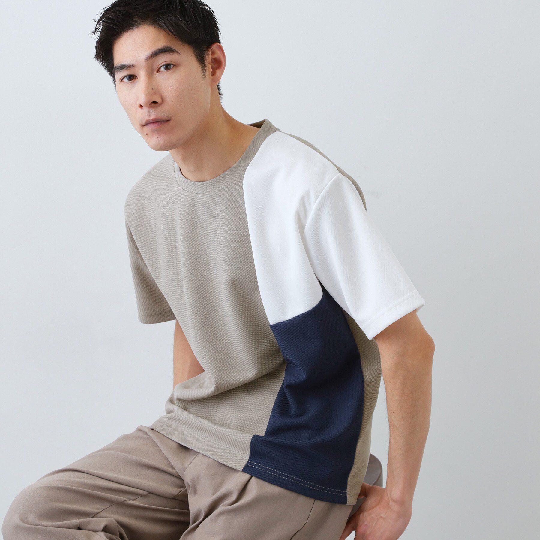 THE SHOP TK「【一枚で着映える】パターンブロッキング 半袖Tシャツ 洗濯機OK」|Tシャツ・カットソー|ライトベージュ(55