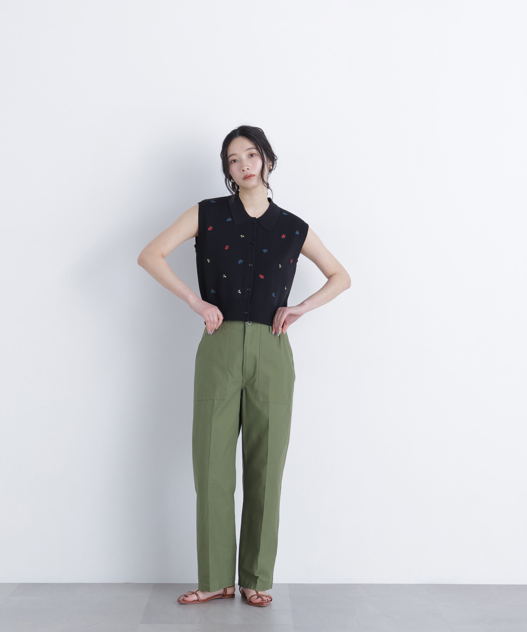  「ポロカラーフラワー刺繍ニット」|ニット・セーター|