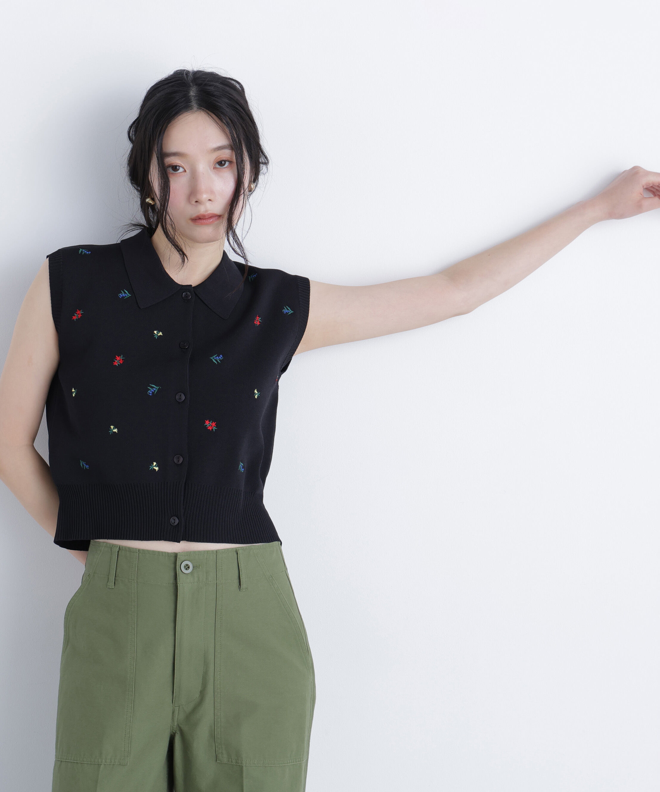  「ポロカラーフラワー刺繍ニット」|ニット・セーター|