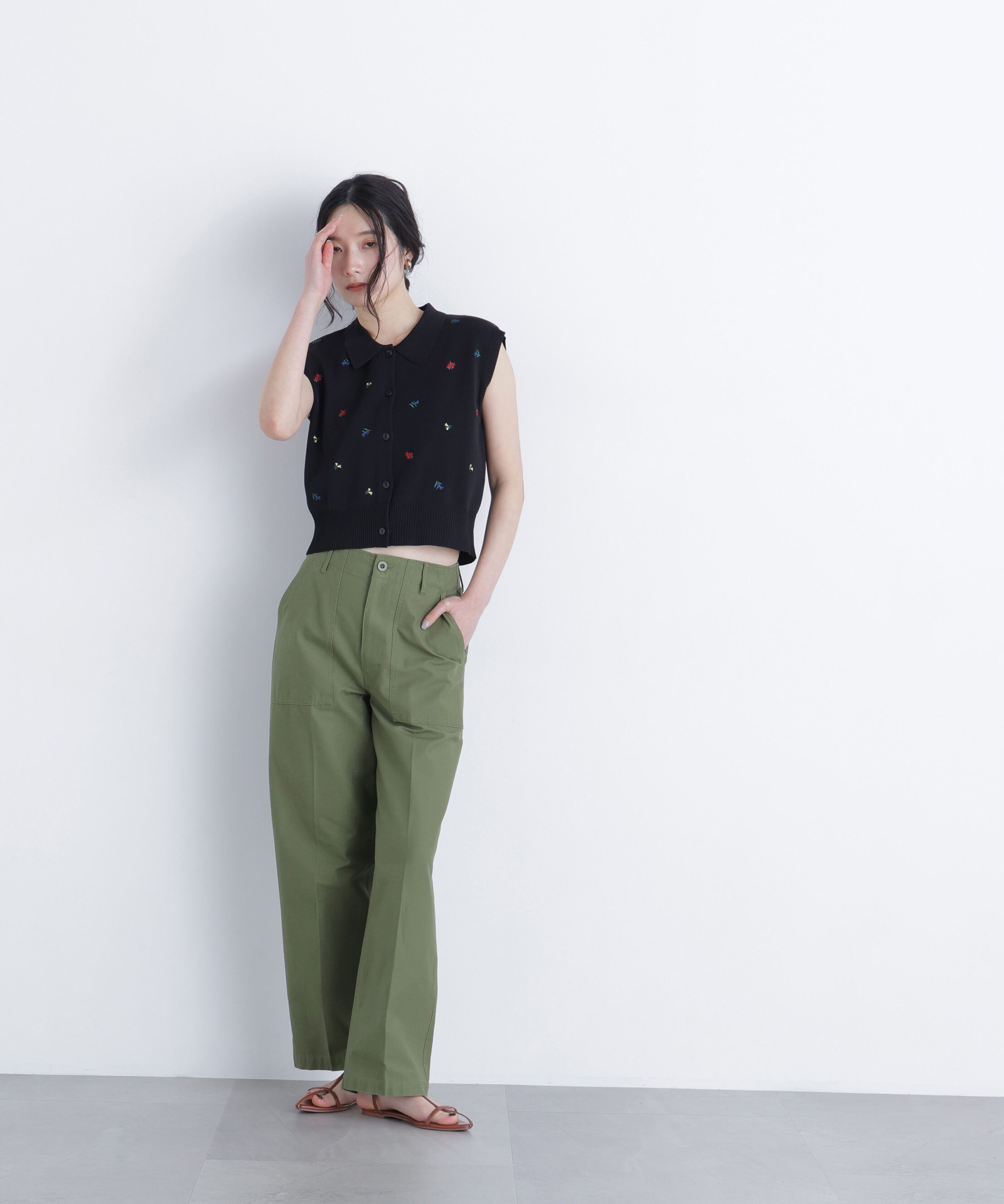  「ポロカラーフラワー刺繍ニット」|ニット・セーター|