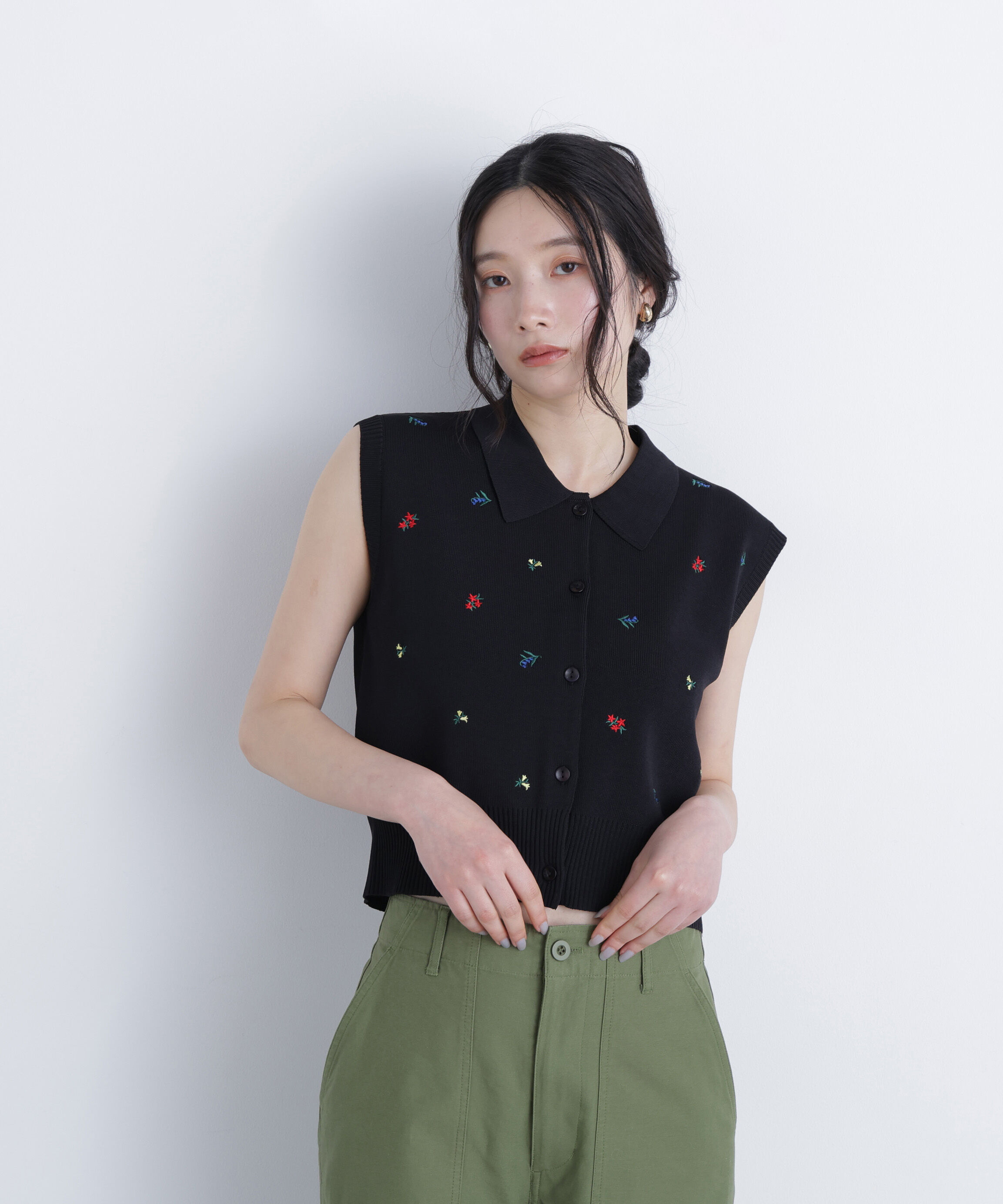  「ポロカラーフラワー刺繍ニット」|ニット・セーター|