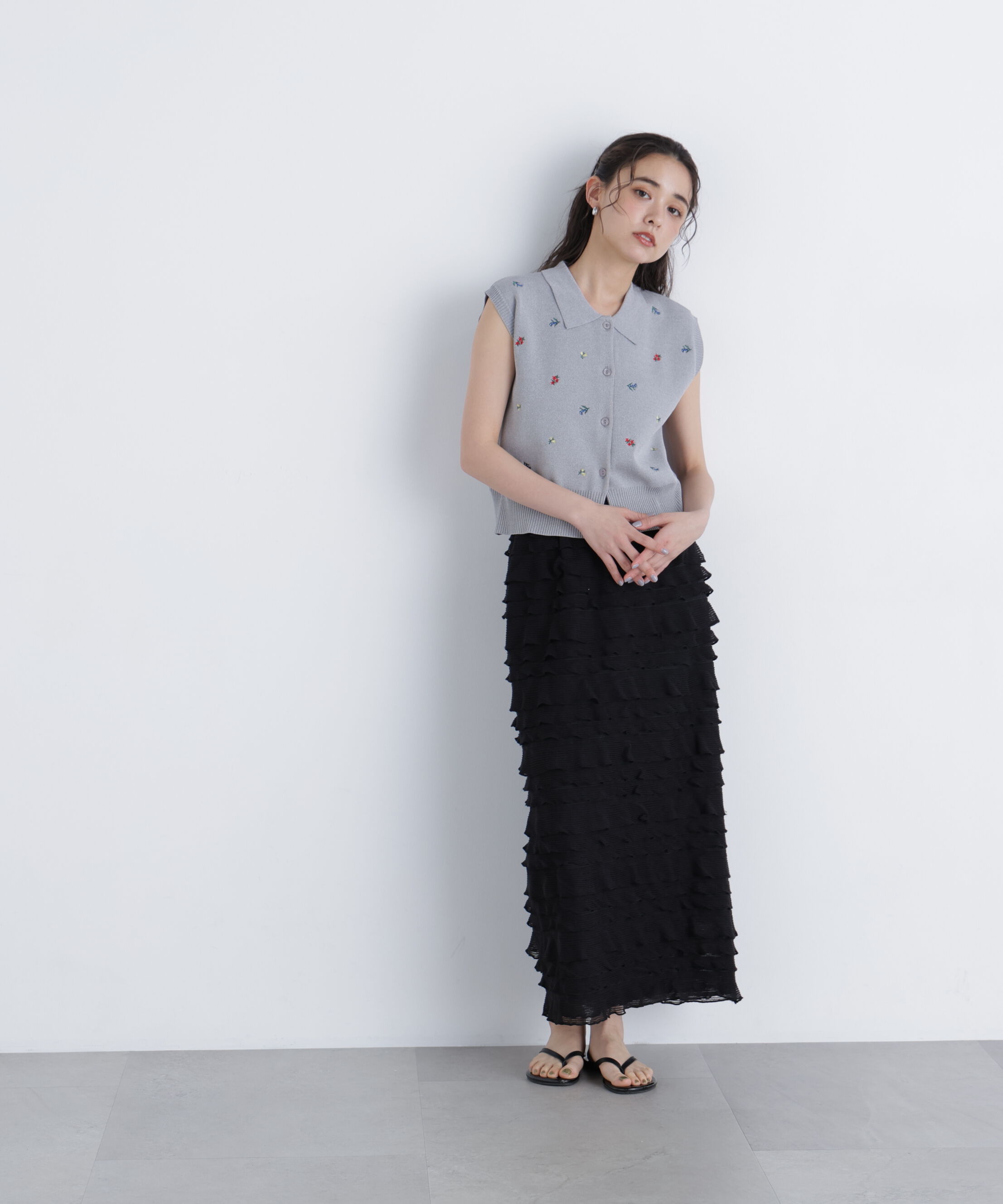  「ポロカラーフラワー刺繍ニット」|ニット・セーター|