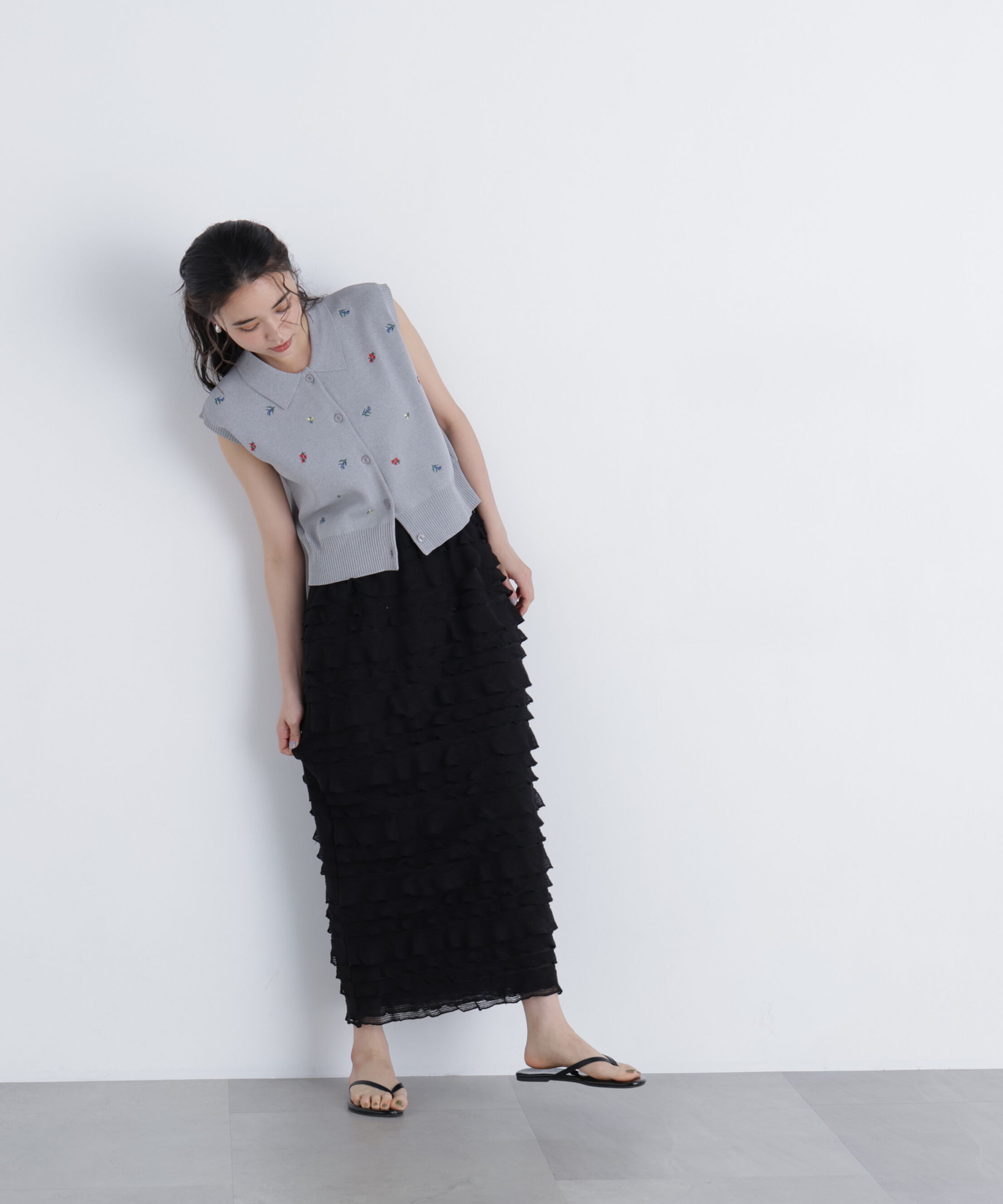  「ポロカラーフラワー刺繍ニット」|ニット・セーター|