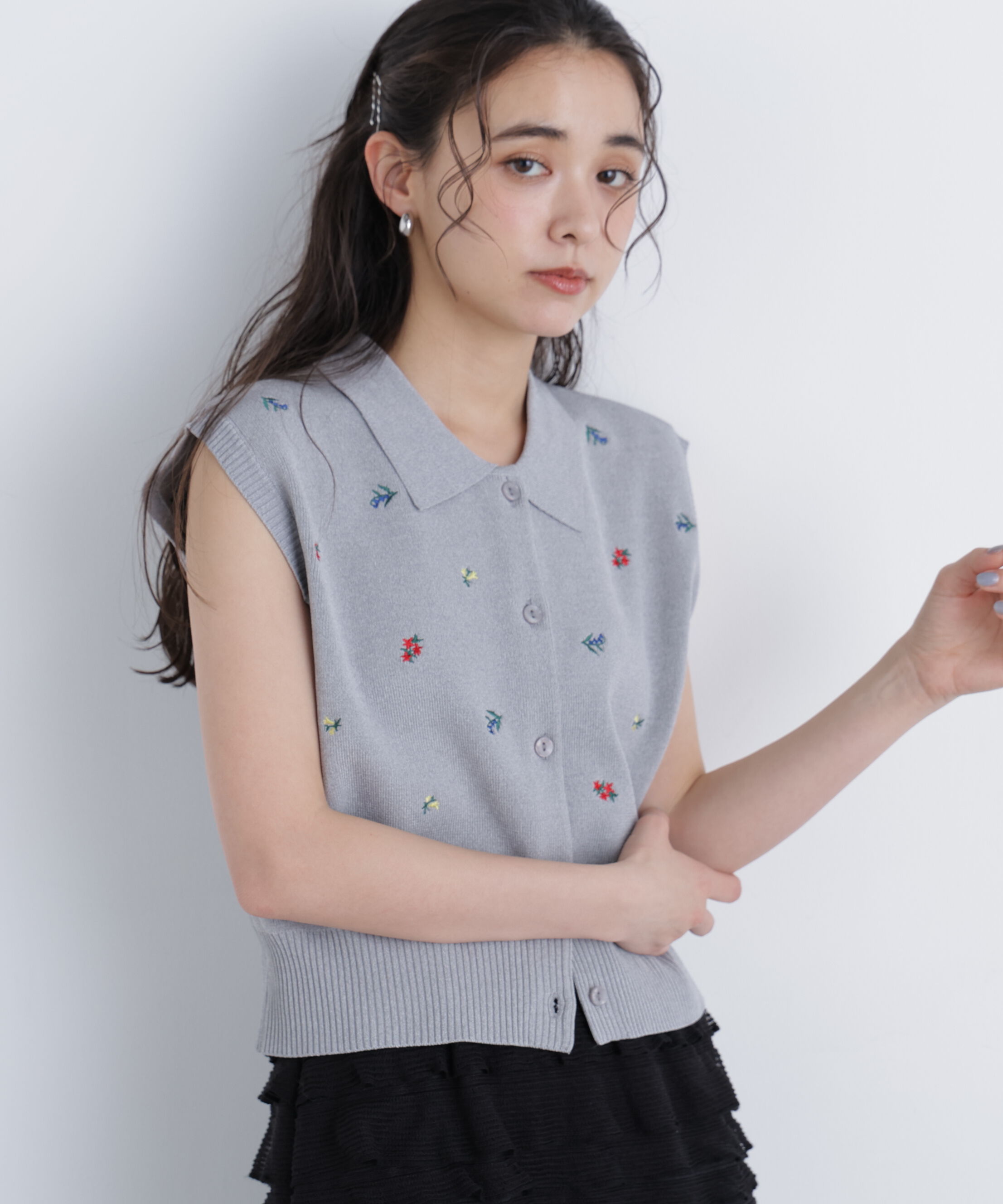  「ポロカラーフラワー刺繍ニット」|ニット・セーター|