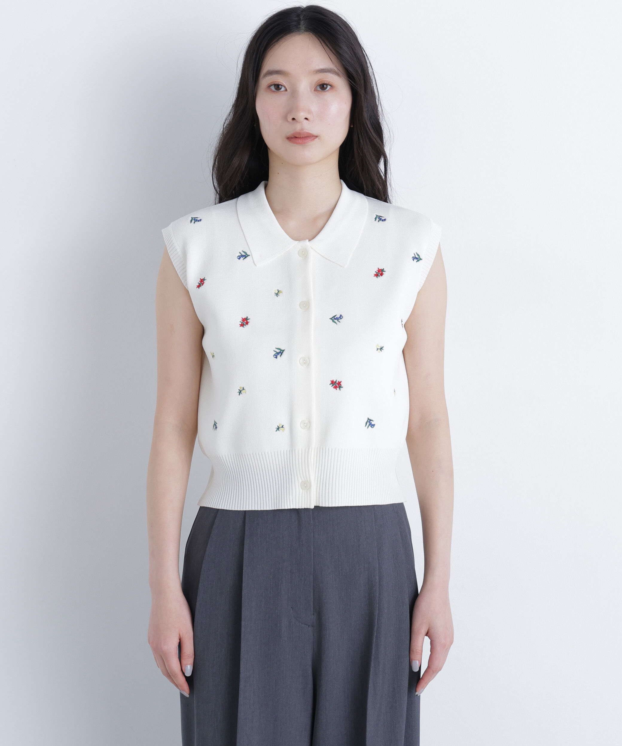  「ポロカラーフラワー刺繍ニット」|ニット・セーター|