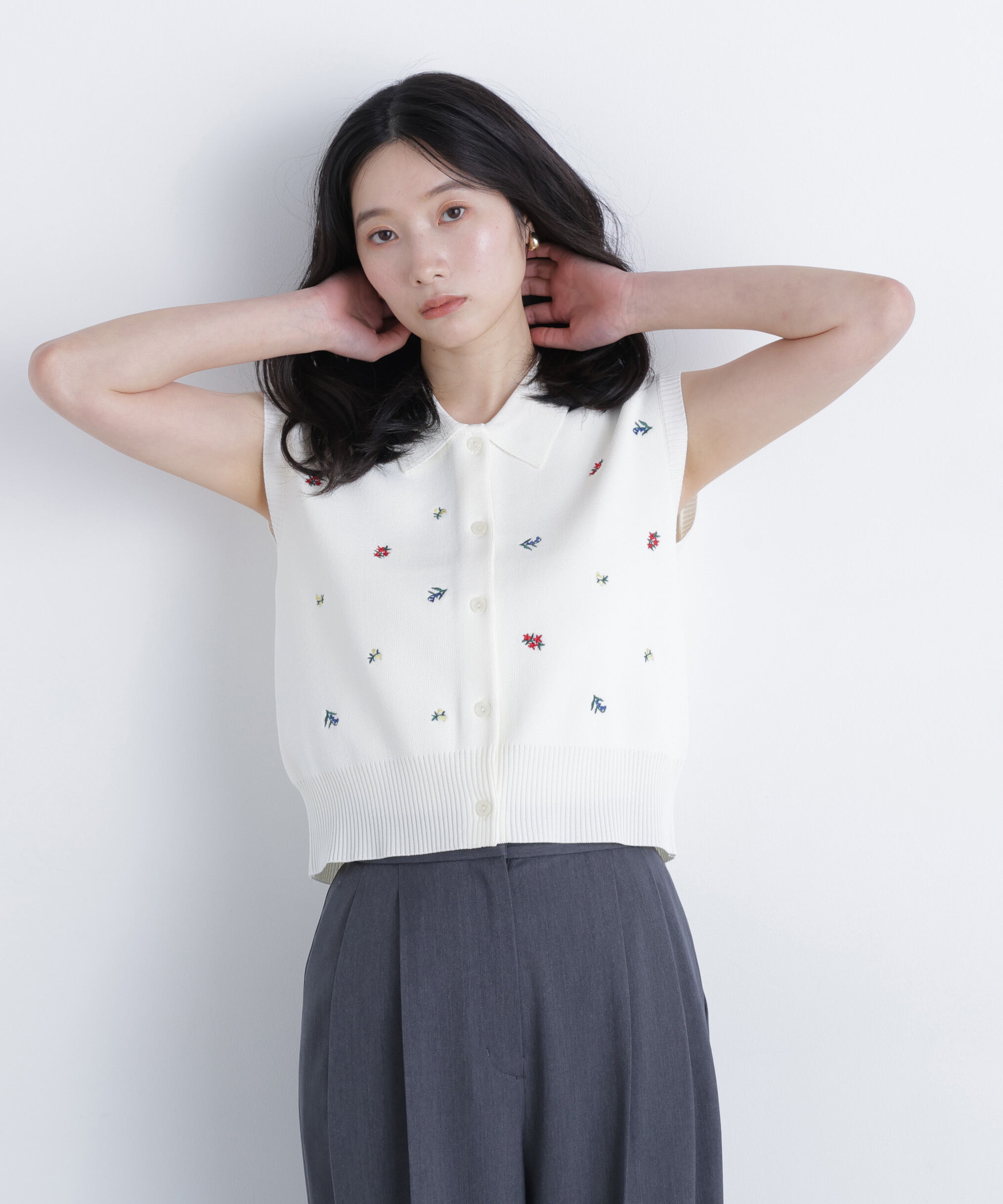  「ポロカラーフラワー刺繍ニット」|ニット・セーター|