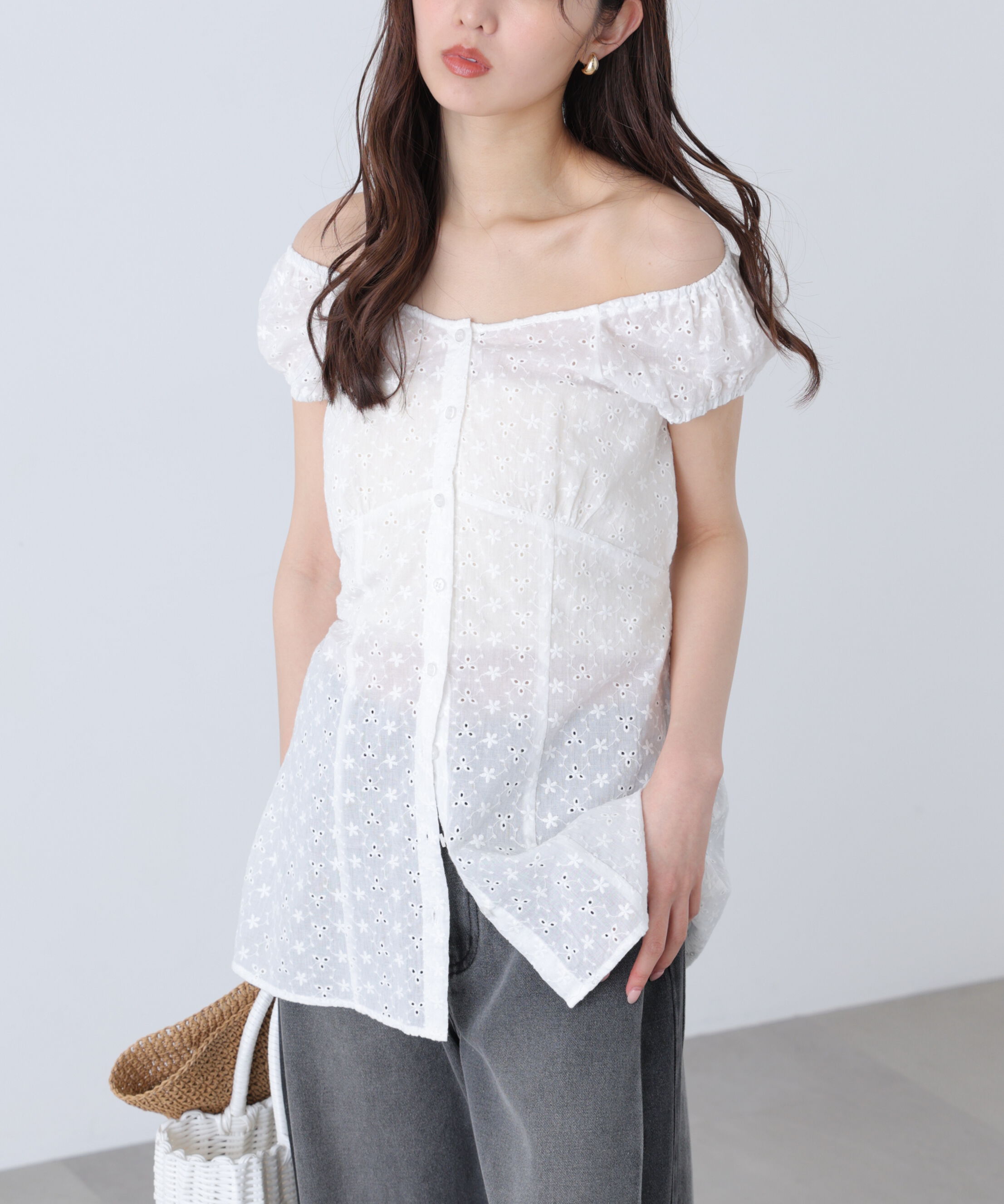  「バックリボン前開きパフスリーブレースチュニックブラウス」|Tシャツ・カットソー|