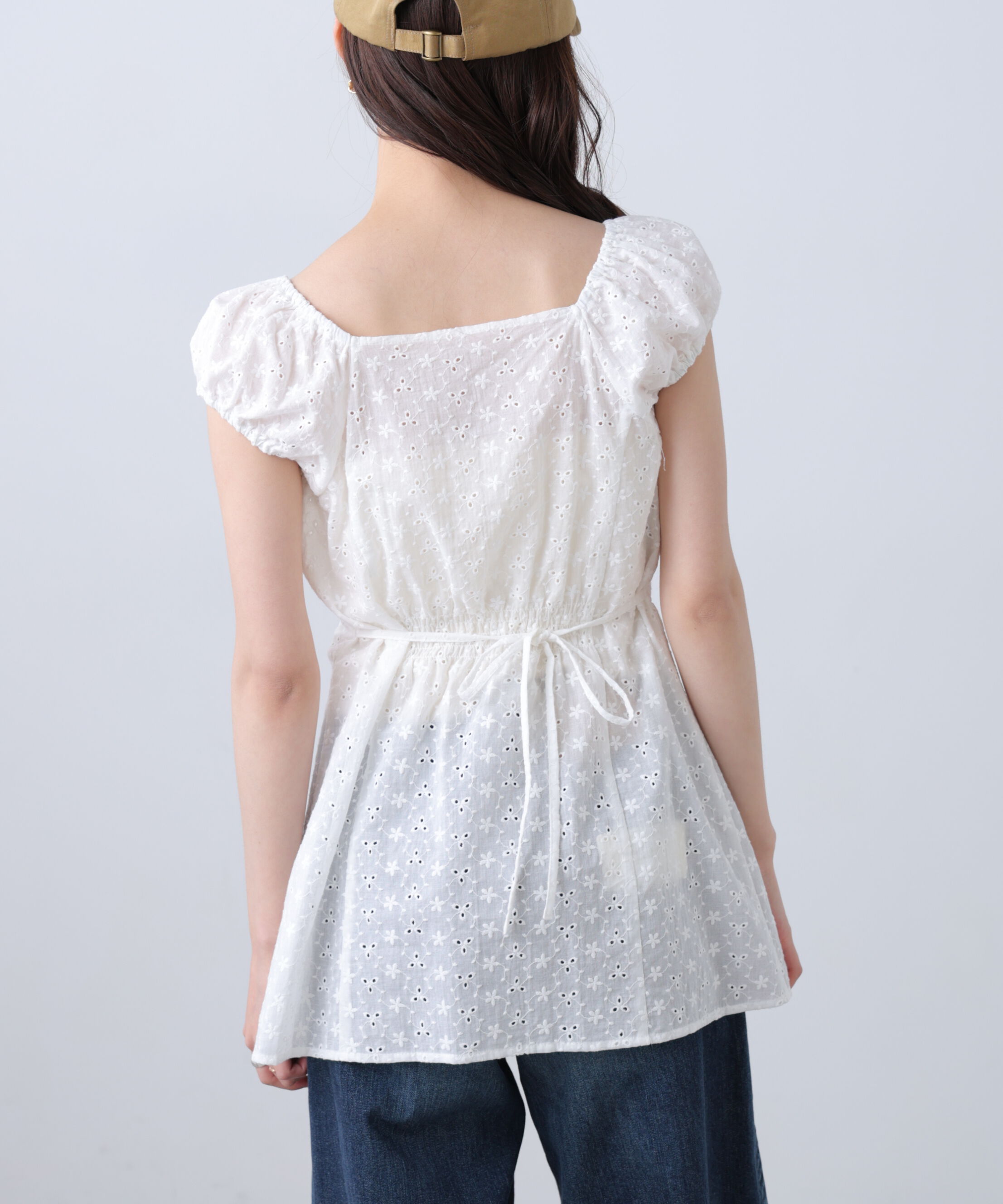  「バックリボン前開きパフスリーブレースチュニックブラウス」|Tシャツ・カットソー|