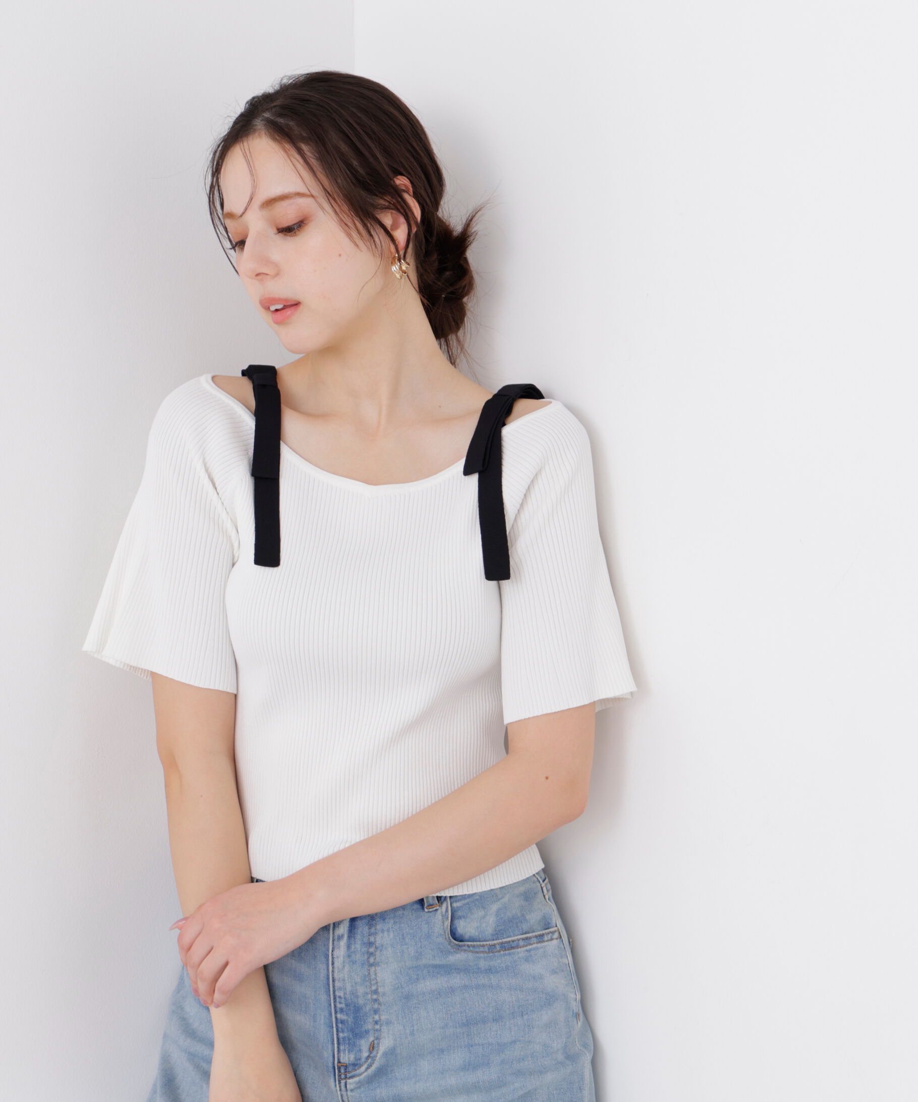 PROPORTION BODY DRESSING「＜ウォッシャブル/UV＞肩リボンオフショルニット　26SS」|ニット・セーター|