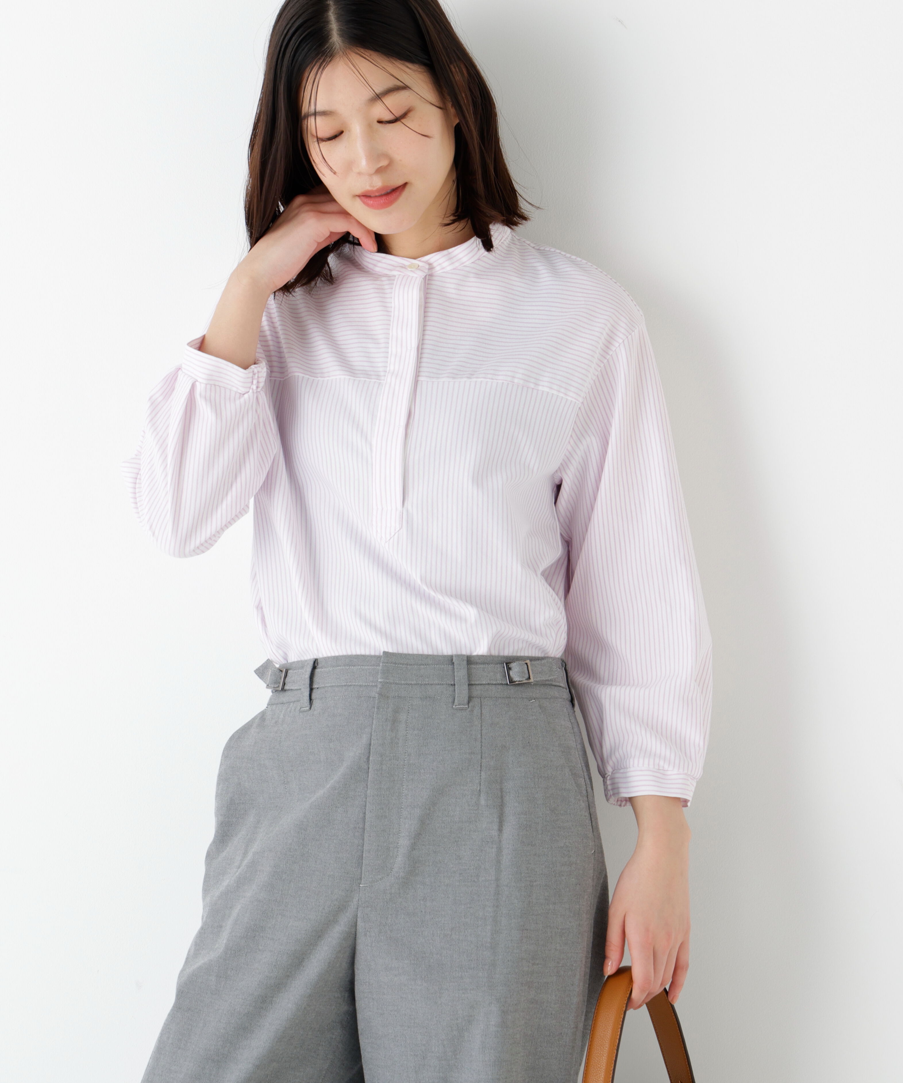  「◆《ウォッシャブル》鹿の子ジャージーバンドカラープルオーバー」|Tシャツ・カットソー|