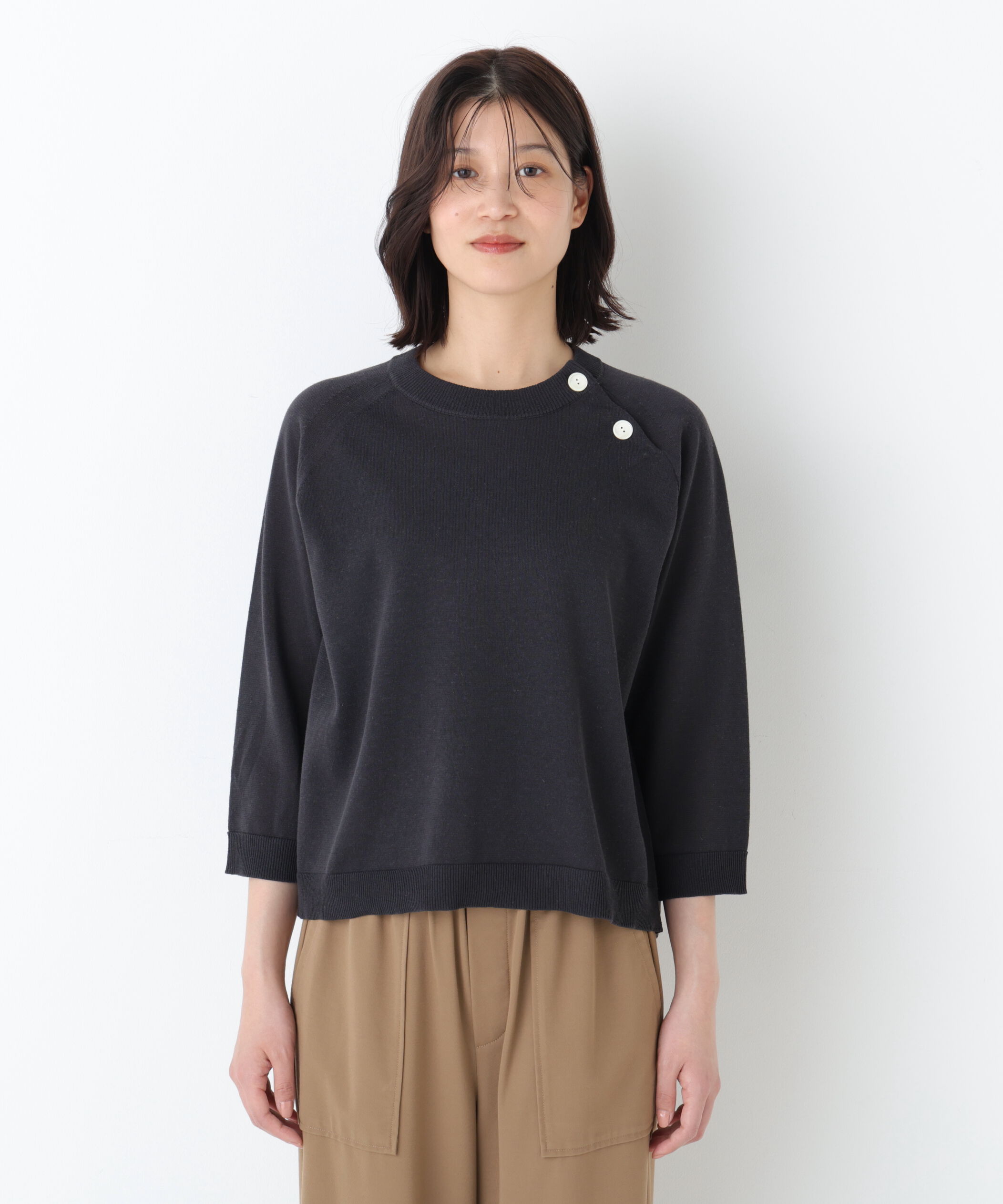  「◆ハイゲージニット６分袖ボタンプルオーバー」|ニット・セーター|