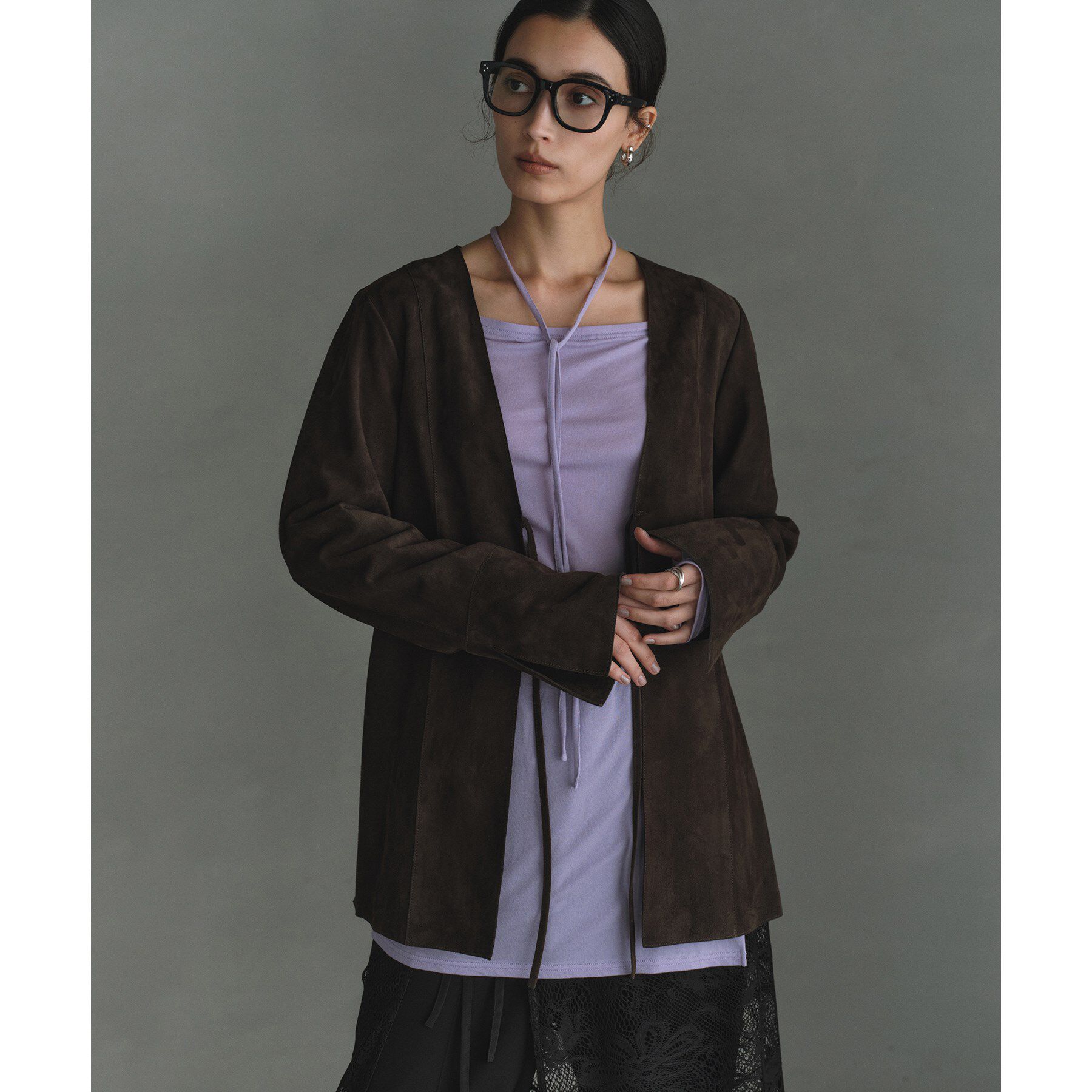 CODE A「front ribbon leather jacket」|ノーカラージャケット|トープ(054)