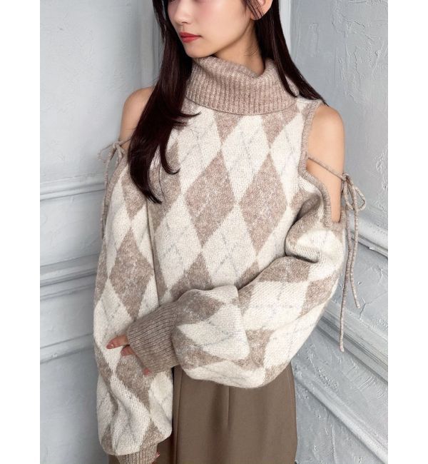 RESEXXY「アーガイルタートルニットトップス」|ニット・セーター|ベージュ