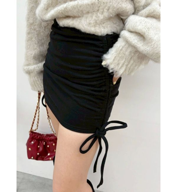 EVRIS「サイドギャザースウェットミニスカート【セットアップ着用可能】」|スカート|ブラック