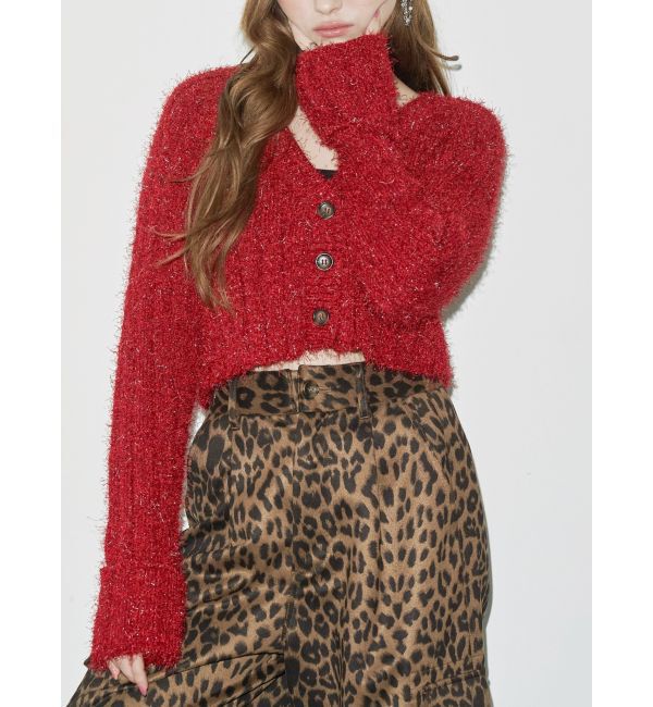 EVRIS「フェザーラメニットショートカーディガン」|カーディガン|レッド