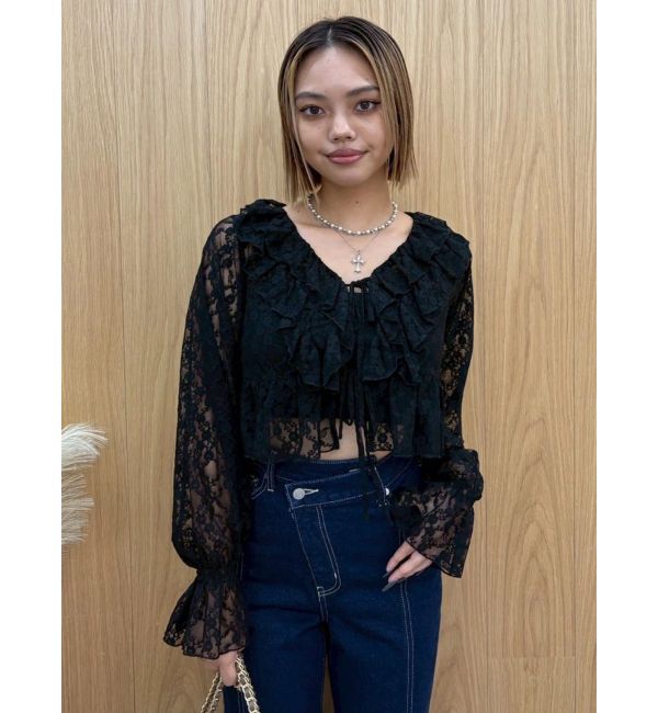 EVRIS「フロントリボンレースクロップドシャツ」|シャツ・ブラウス|