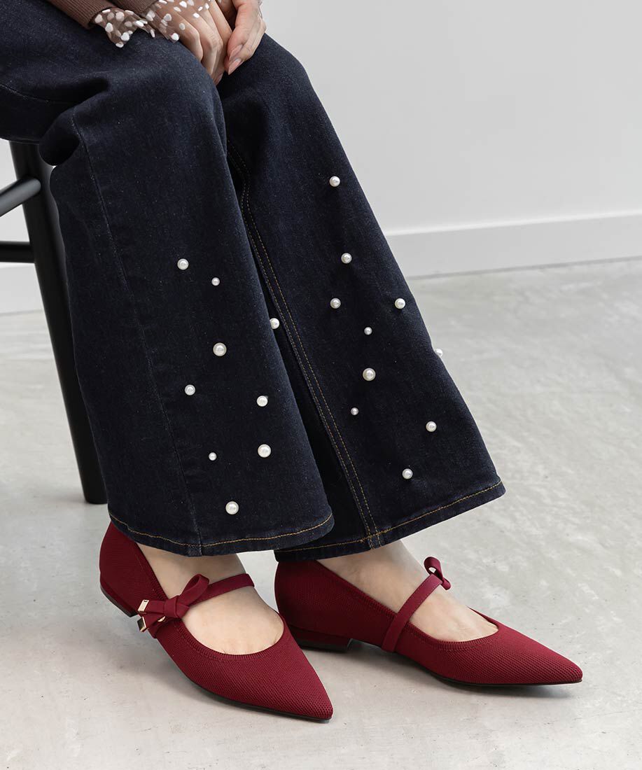  「【SUSTAINABLE】リボンベルトニットフラットパンプス」|パンプス|レッド