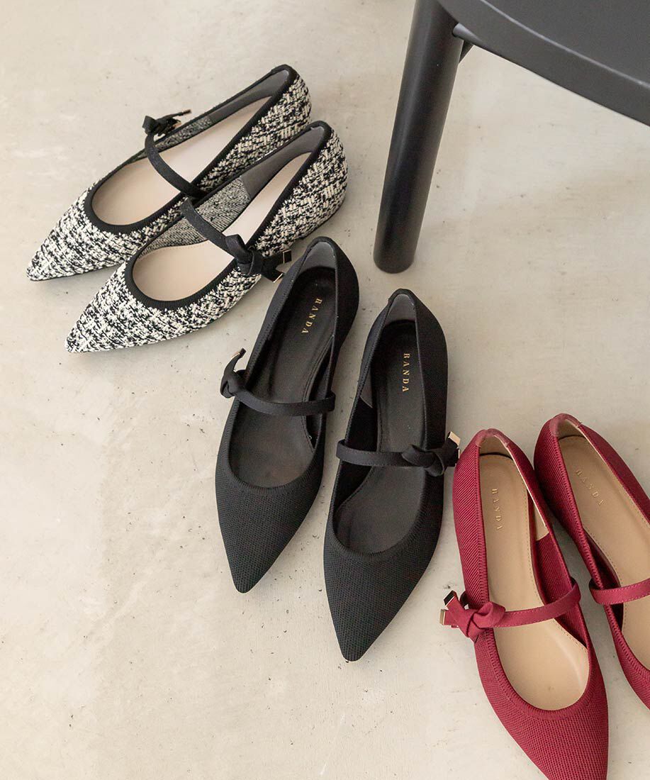  「【SUSTAINABLE】リボンベルトニットフラットパンプス」|パンプス|