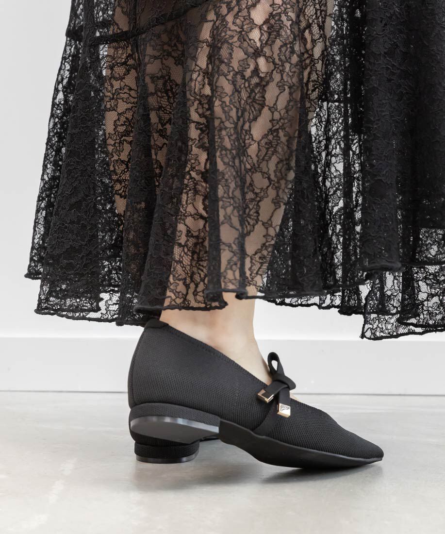  「【SUSTAINABLE】リボンベルトニットフラットパンプス」|パンプス|