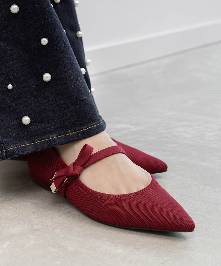  「【SUSTAINABLE】リボンベルトニットフラットパンプス」|パンプス|