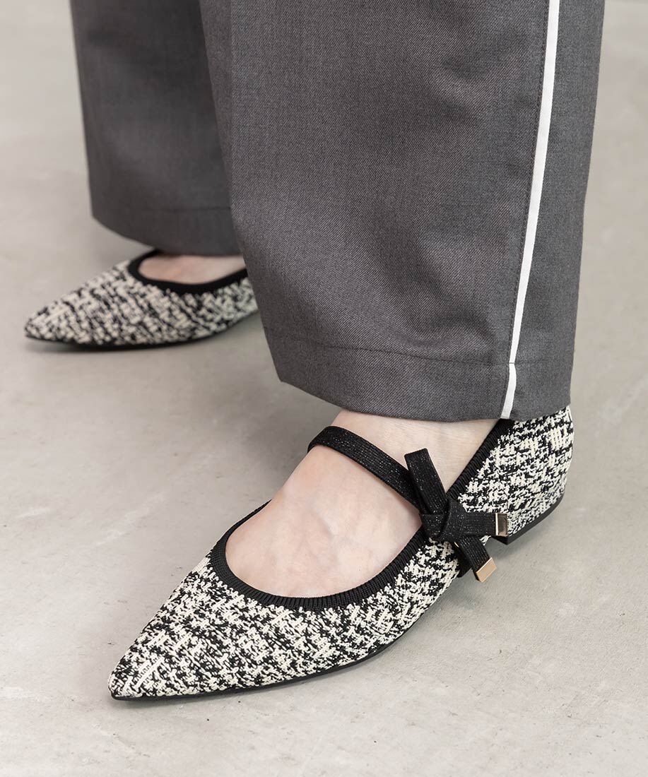  「【SUSTAINABLE】リボンベルトニットフラットパンプス」|パンプス|