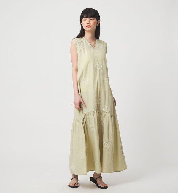 EMMEL REFINES「＜EMMEL REFINES＞EM フラワーシシュウ キリカエ ギャザー ワンピース」|ワンピース|LIME