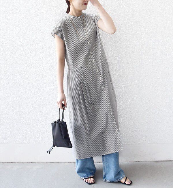 SHIPS for women「《予約》【WEB限定】〈手洗い可能〉ストライプ サイド タック ワンピース」|ワンピース|ブラウン