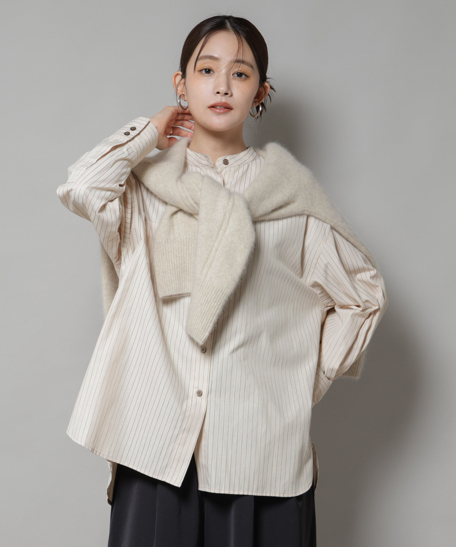 nano･universe「スタンドカラーストライプシャツ」|シャツ・ブラウス|ベージュ