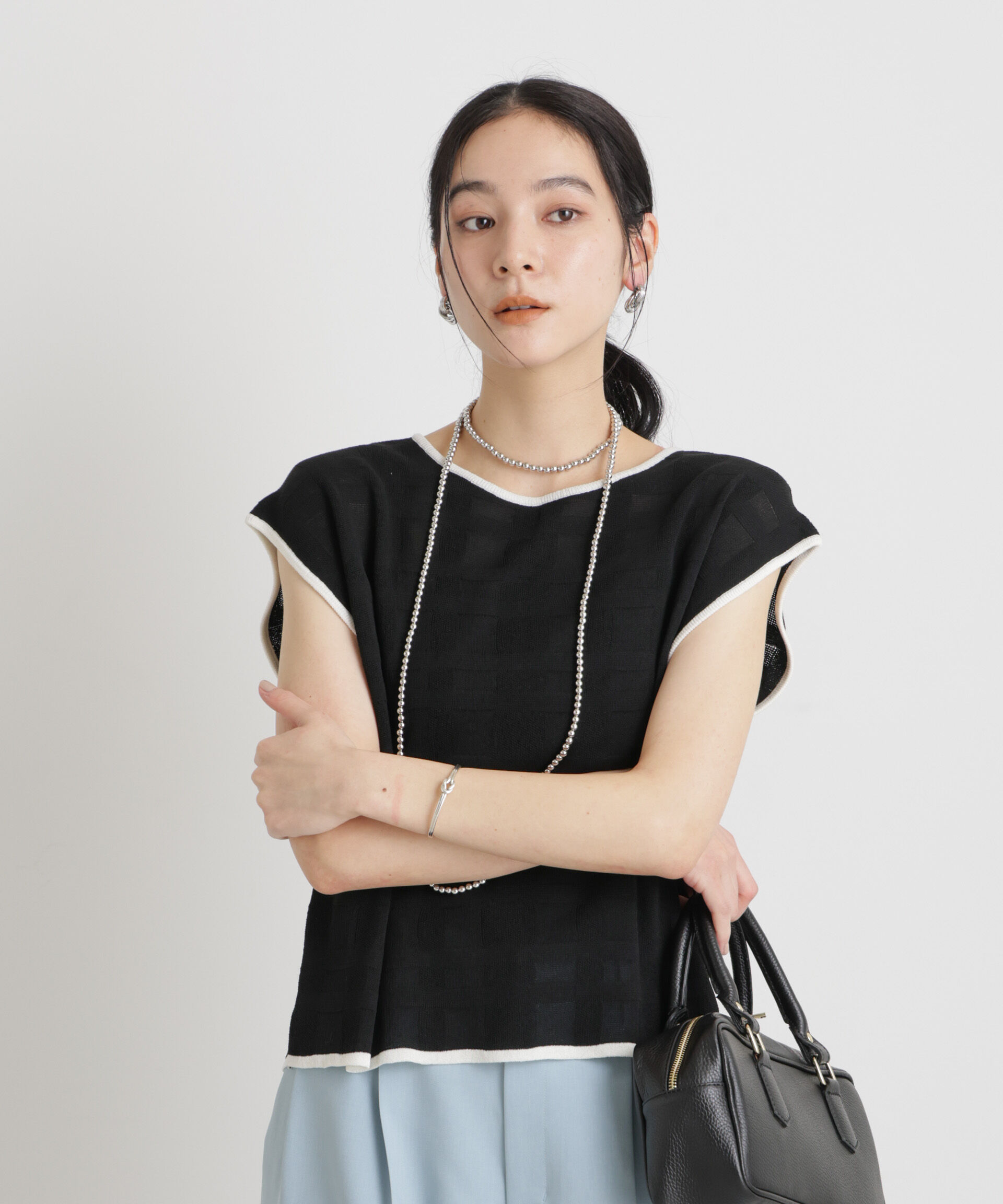 nano･universe「シアーチェックバイカラーパイピングニット」|ニット・セーター|