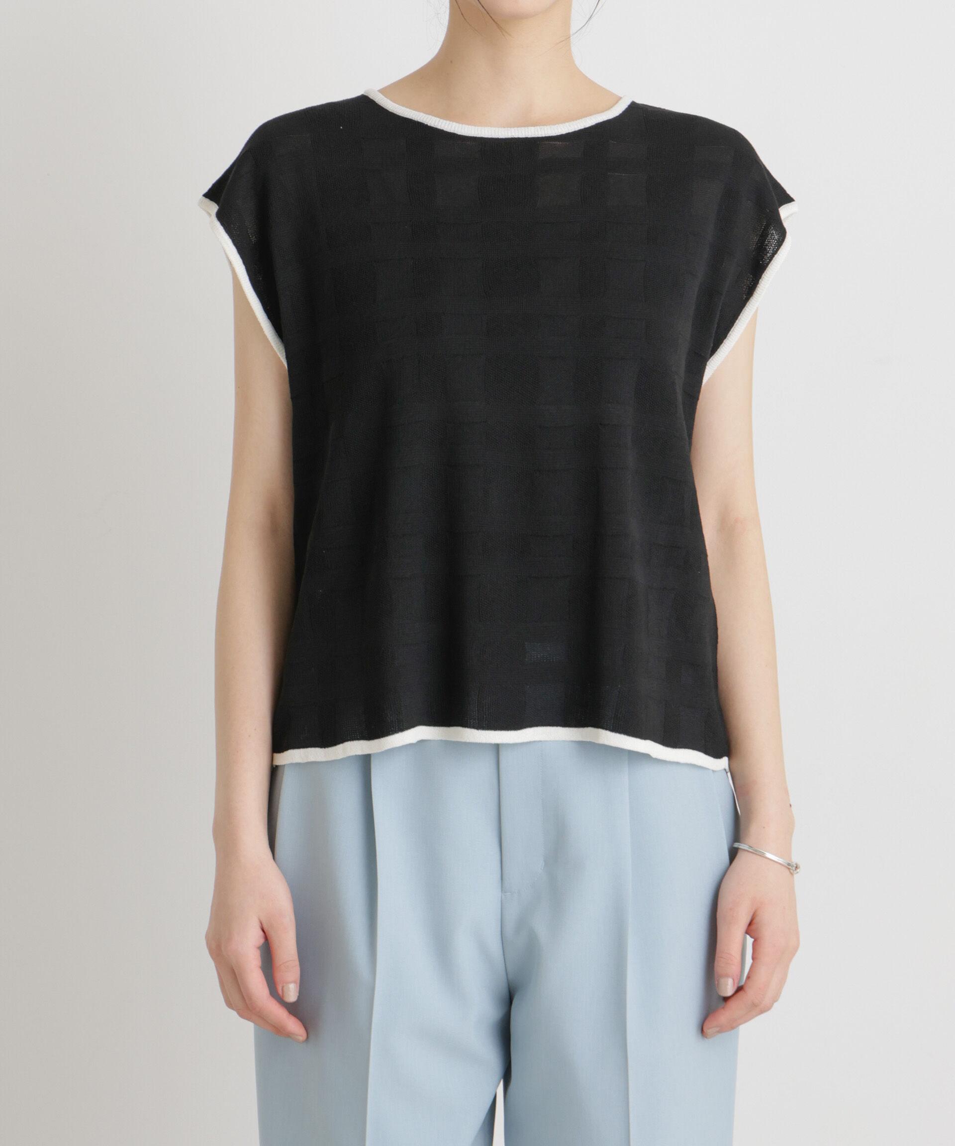 nano･universe「シアーチェックバイカラーパイピングニット」|ニット・セーター|