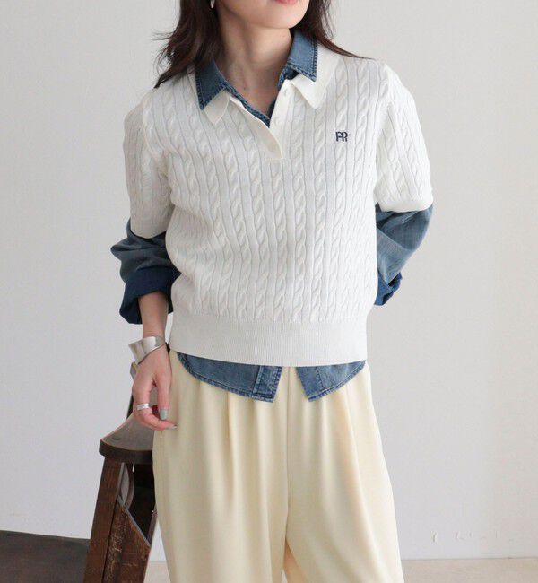 fredy emue「【大人気シリーズの新型登場！】FR刺しゅうケーブル柄半袖ポロ衿プルオーバーニット」|ニット・セーター|オフホワイト