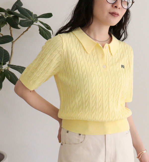 fredy emue「【大人気シリーズの新型登場！】FR刺しゅうケーブル柄半袖ポロ衿プルオーバーニット」|ニット・セーター|イエロー
