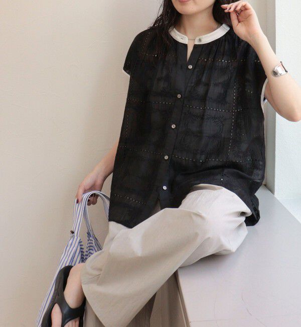 fredy emue「刺しゅうレースフレンチスリーブブラウス」|シャツ・ブラウス|ブラック