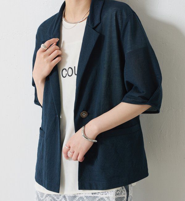  「【冷房/紫外線対策】シアーハーフスリーブカットジャケット」|Tシャツ・カットソー|ネイビー