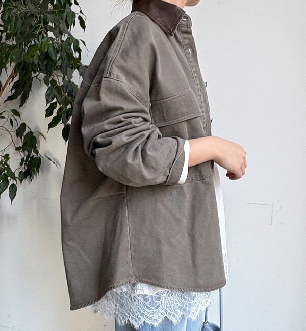  「フェイクレザー衿シャツジャケット」|ブルゾン・スタジャン|